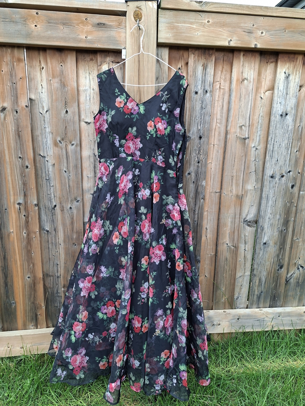 Romantic Dark Floral Organza Maxi Ball Gown Formal Evening Dress w/ Crinoline
